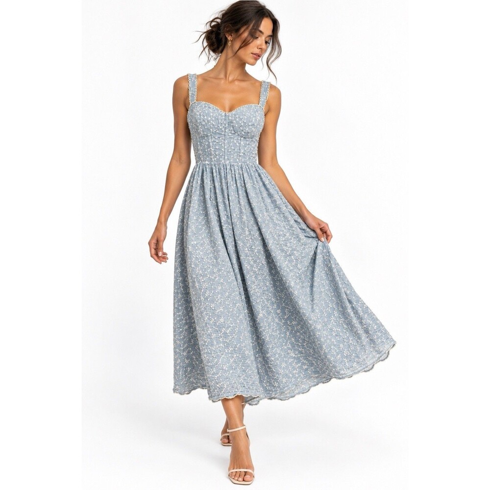 B.right Blue Embroidered Corset Bustier Cottagecore Midi Dress Size